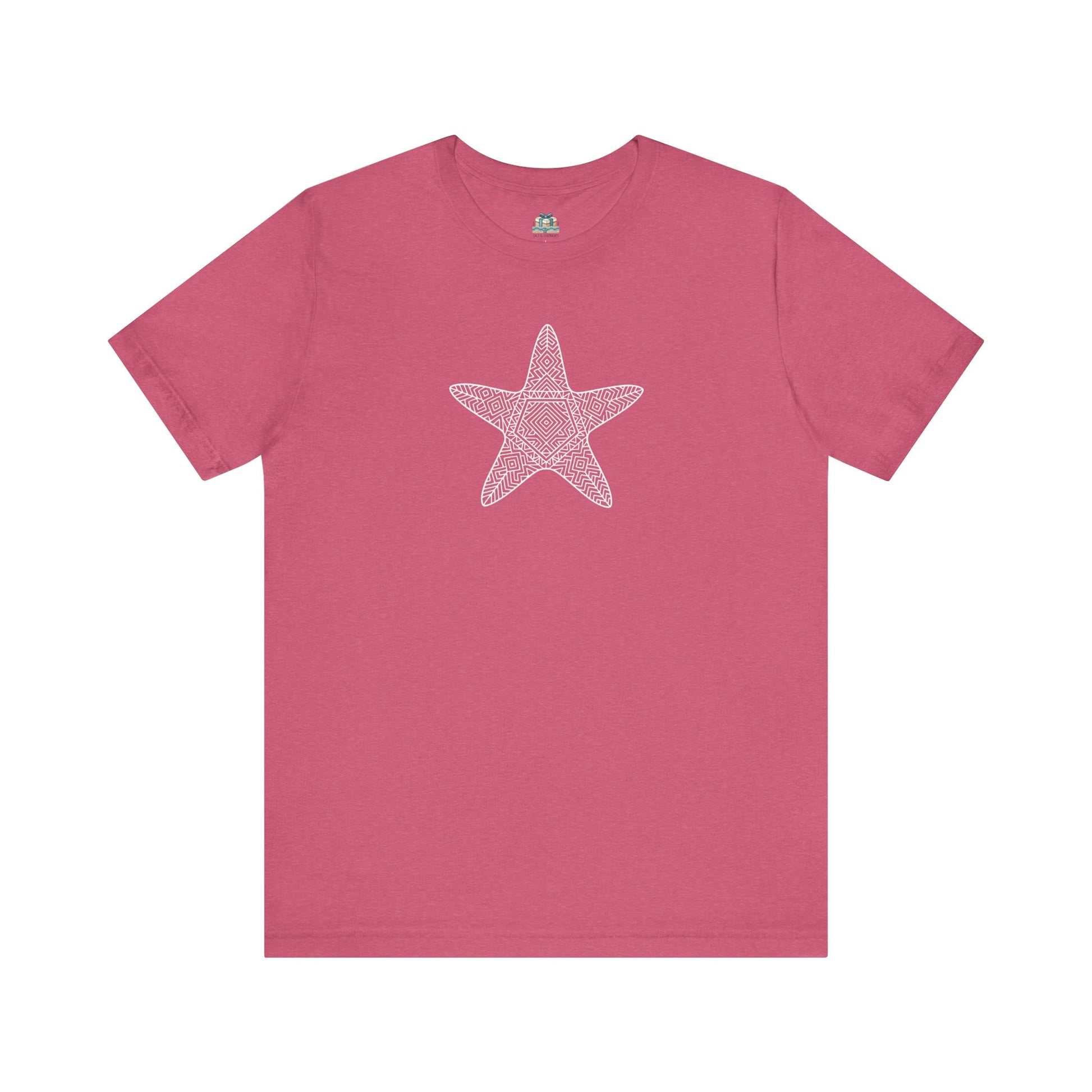 Vibrant pink beach-themed t-shirt with intricate starfish design

