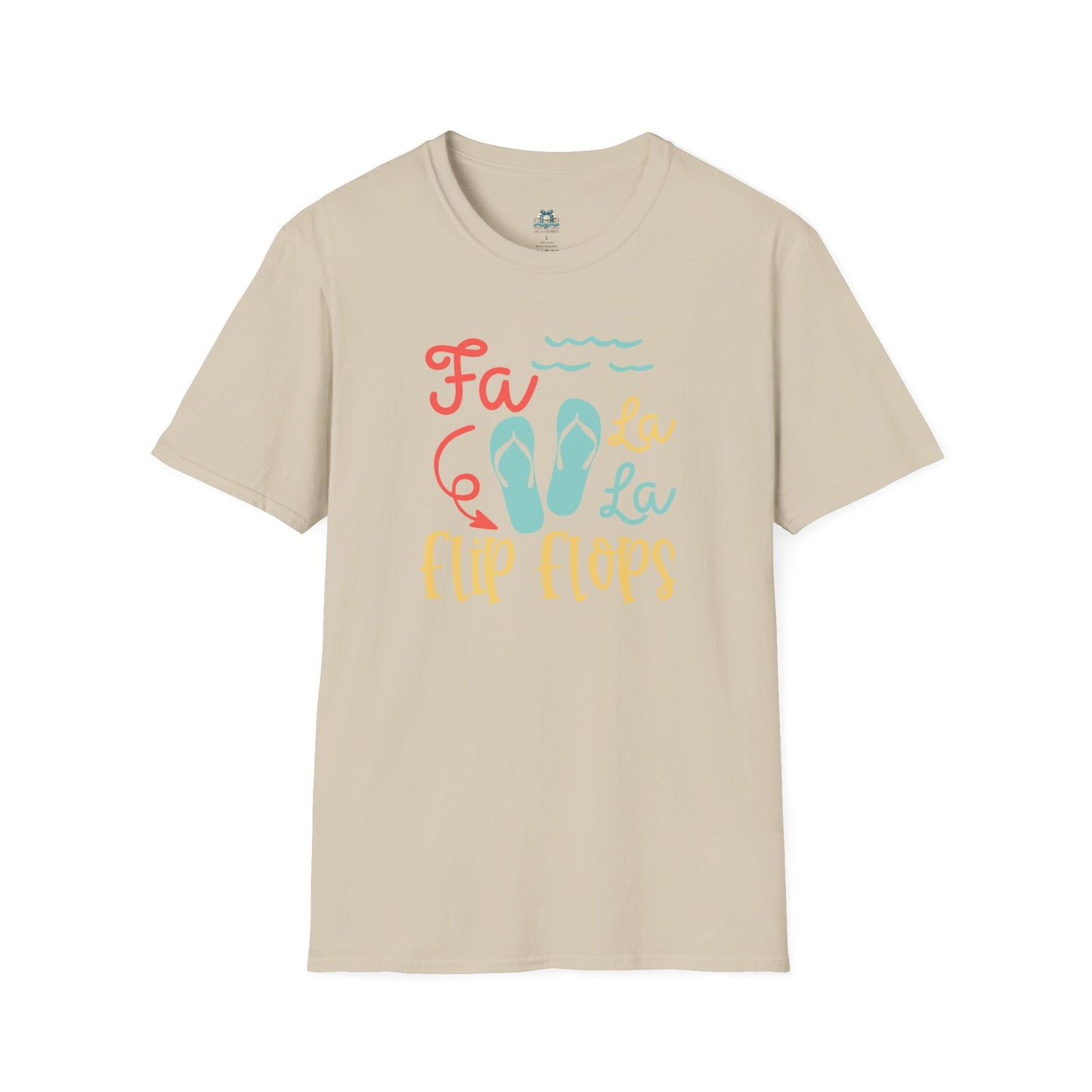 Beige t-shirt with colorful flip flop graphic and text on a white background