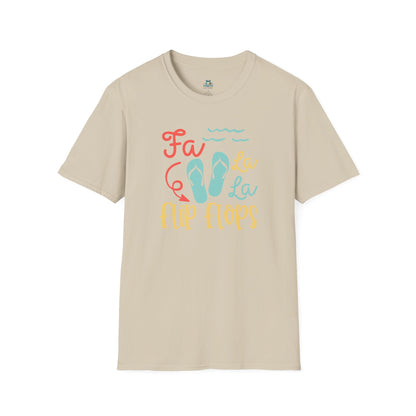 Beige t-shirt with colorful flip flop graphic and text on a white background