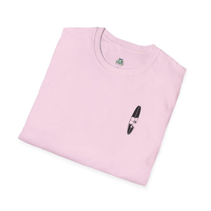 Folded pink t-shirt with a small graphic on a white background