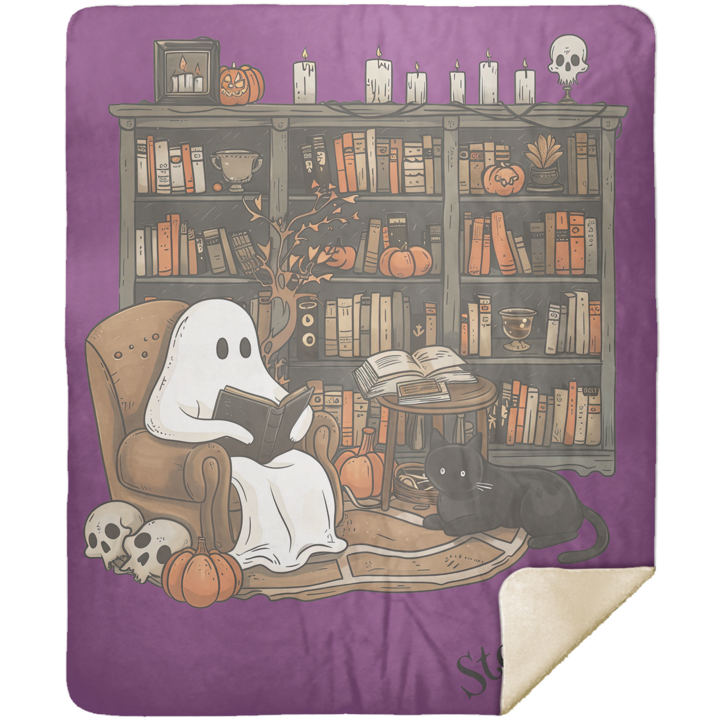 Ghost reading a book with a black cat on a purple blanket with a bookshelf background