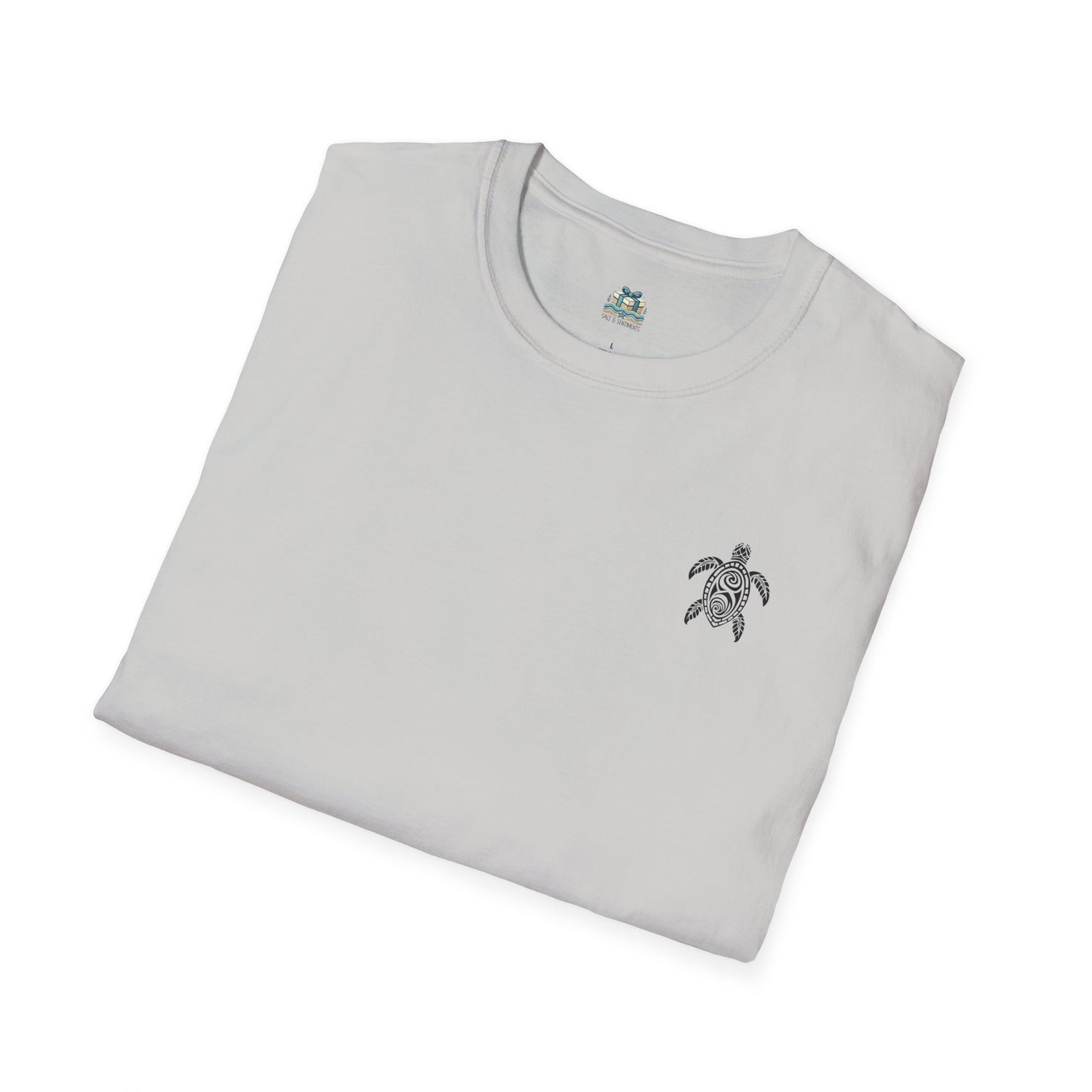 Folded gray t-shirt with a turtle emblem on a white background