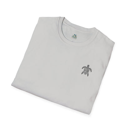 Folded gray t-shirt with a turtle emblem on a white background