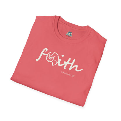 Folded pink t-shirt with 'Faith' text on a white background