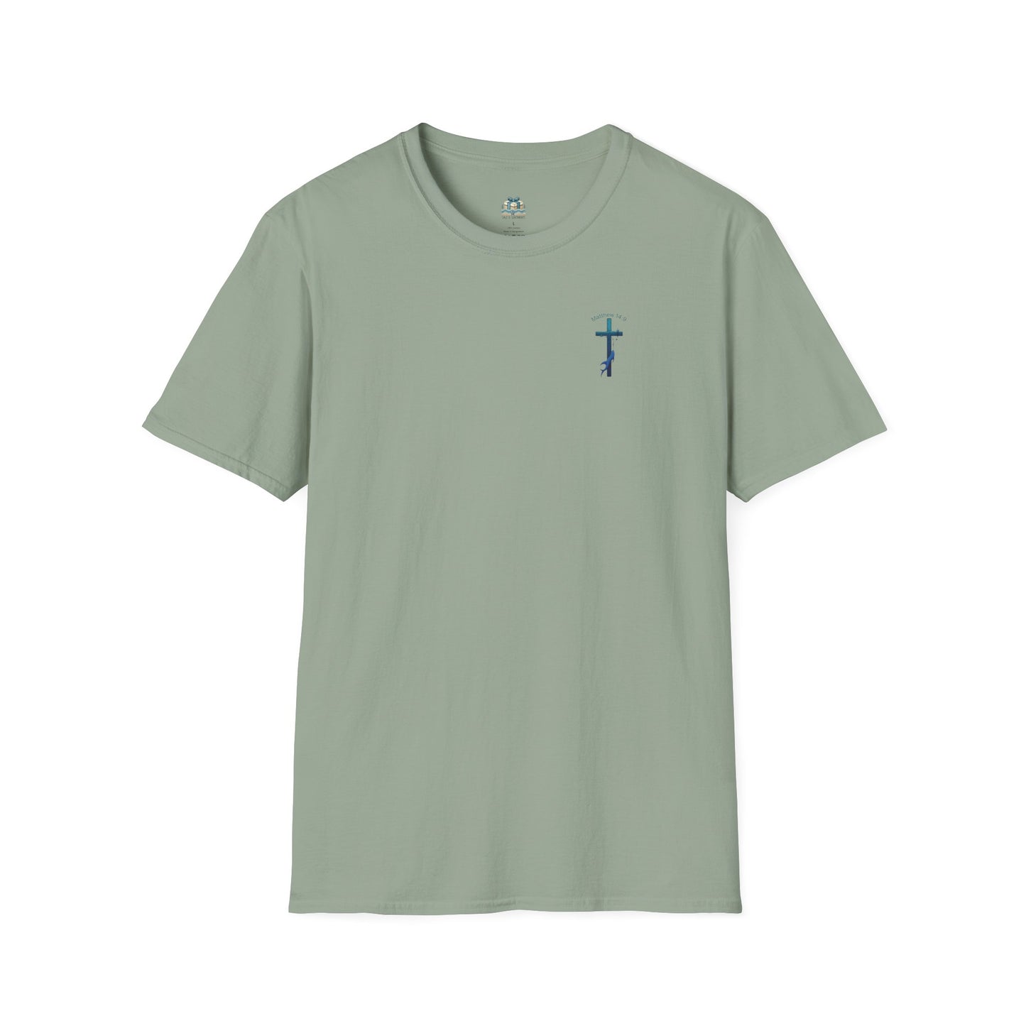 Green t-shirt with a small blue cross on a white background