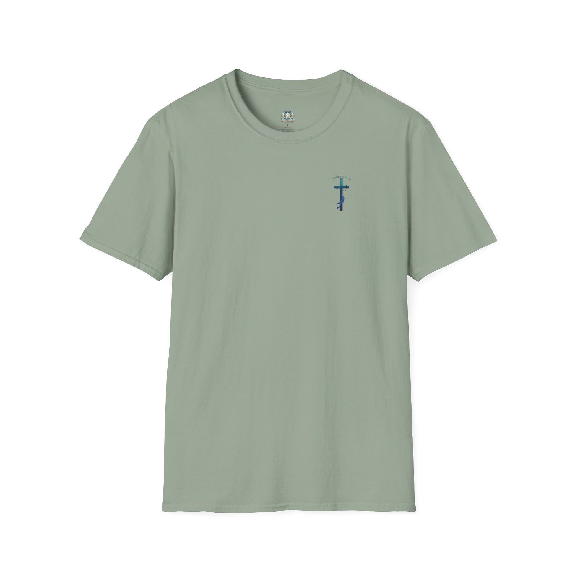 Green t-shirt with a small blue cross on a white background