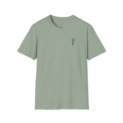 Green t-shirt with a small blue cross on a white background