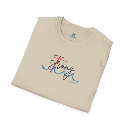 Beige t-shirt with 'She is Strong' text on a white background