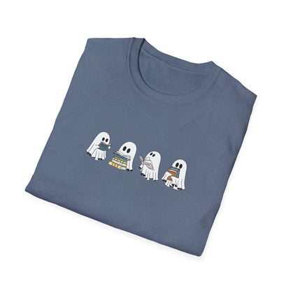 Blue t-shirt with ghost and book illustrations styled for autumn.