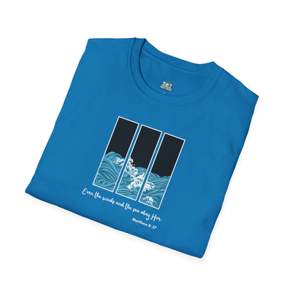 Folded blue t-shirt with wave design and text on a white background