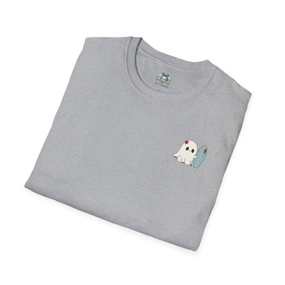 Folded gray t-shirt with a ghost and surfboard graphic on a white background