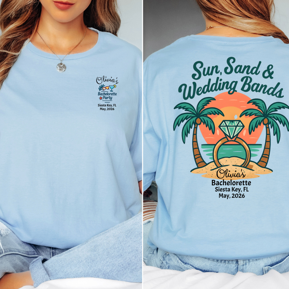 Light blue sweatshirt with 'Sun, Sand & Wedding Bands' design on the back