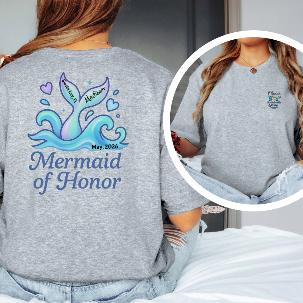 Gray t-shirt with 'Mermaid of Honor' design on the back, worn by a person.