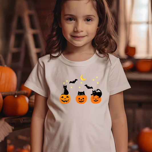 Child wearing a Halloween-themed t-shirt with pumpkins and cats in a pumpkin patch setting.