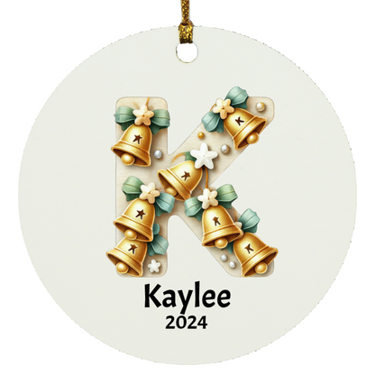 Christmas| Personalized Ceramic Christmas Ornament – Initial & Name Adorned with Festive Christmas Bells