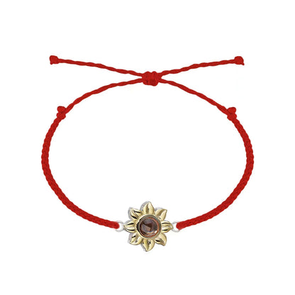 Custom sunflower bracelet with hidden photo projection feature red rope