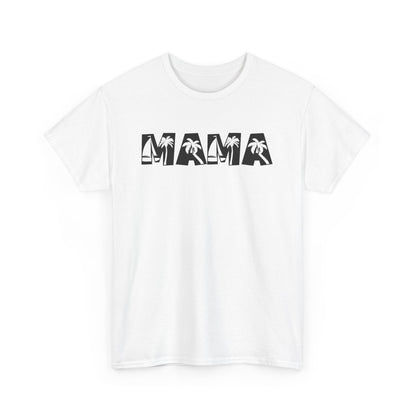 Summer-ready coral shirt with palm-filled MAMA text