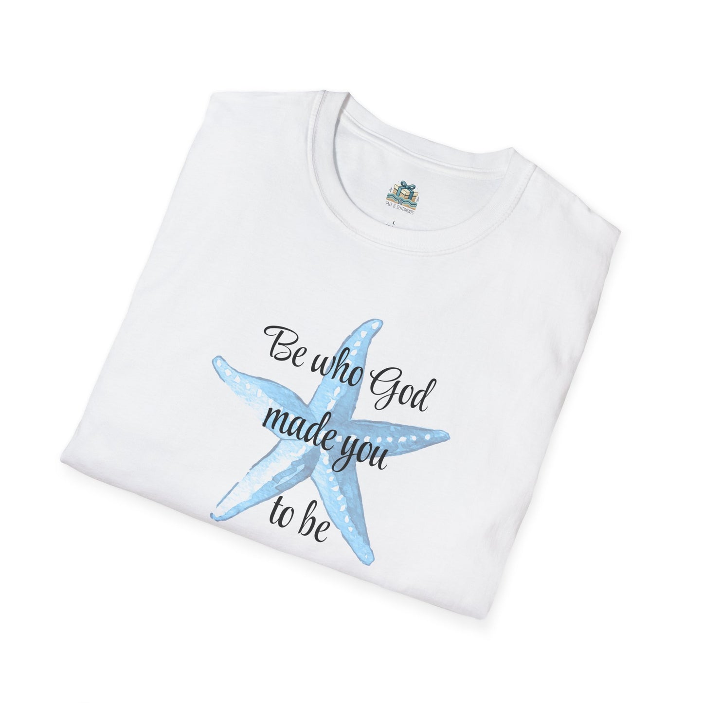 White t-shirt with a blue starfish and text on a white background