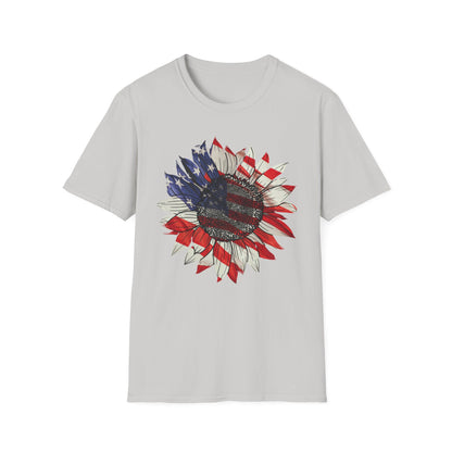 Festive gray t-shirt with sunflower design inspired by the American flag

