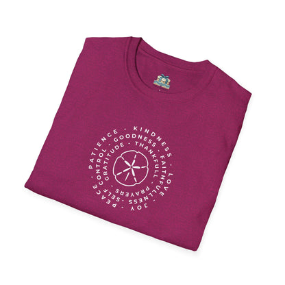 Folded purple t-shirt with white text and design on a white background