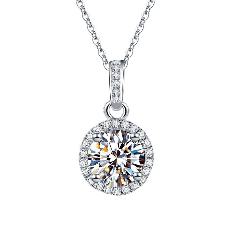 Diamond necklace with a round pendant on a white background