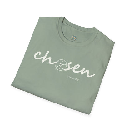 Folded green t-shirt with 'chosen' text on a white background