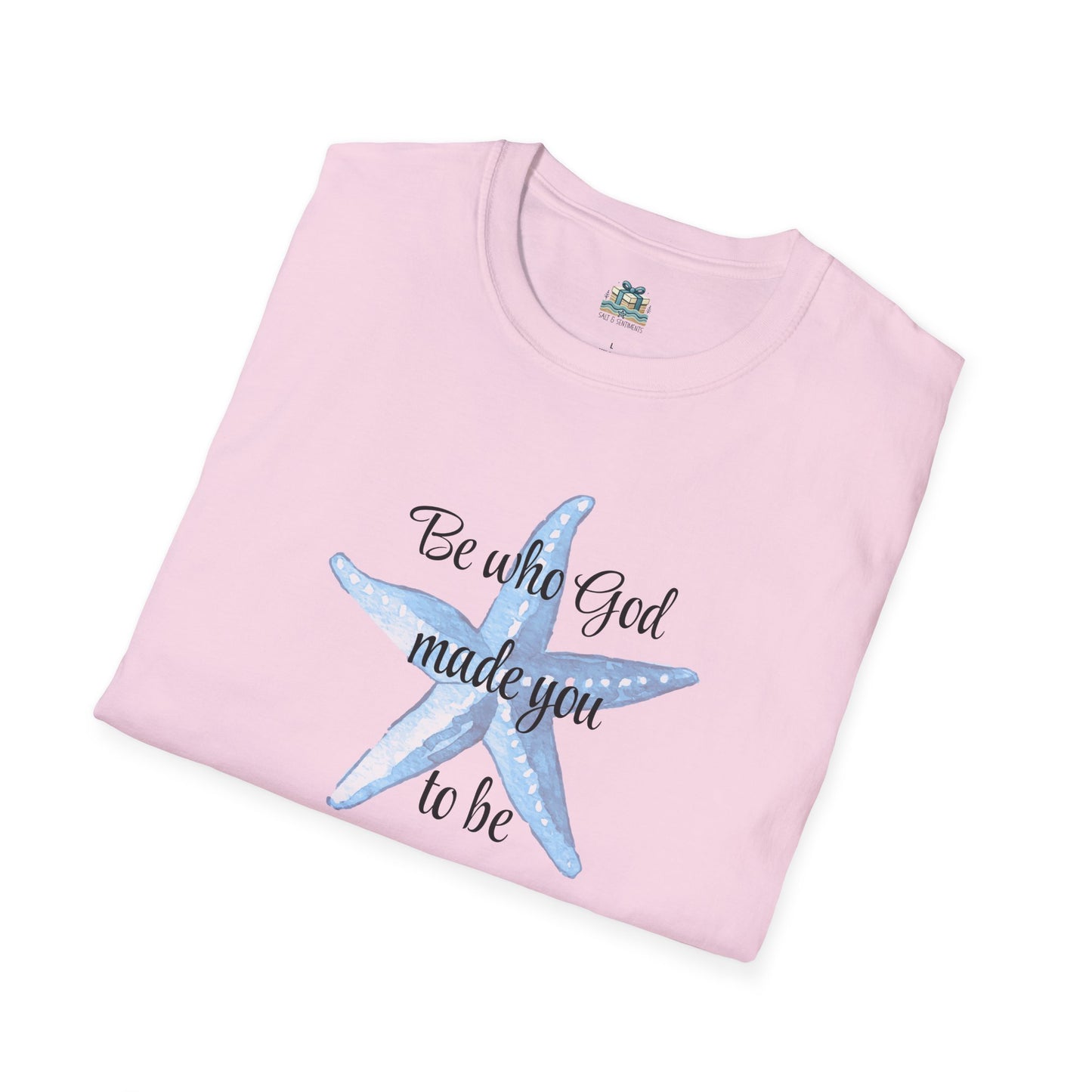 Folded pink t-shirt with a blue starfish graphic and text on a white background