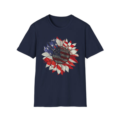 Navy Patriotic sunflower shirt featuring red, white, and blue petals