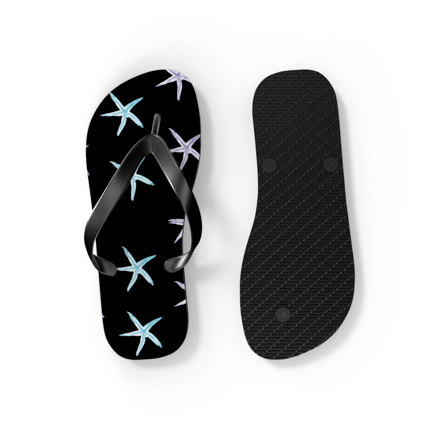 Black flip-flop with starfish pattern and black insole on a white background