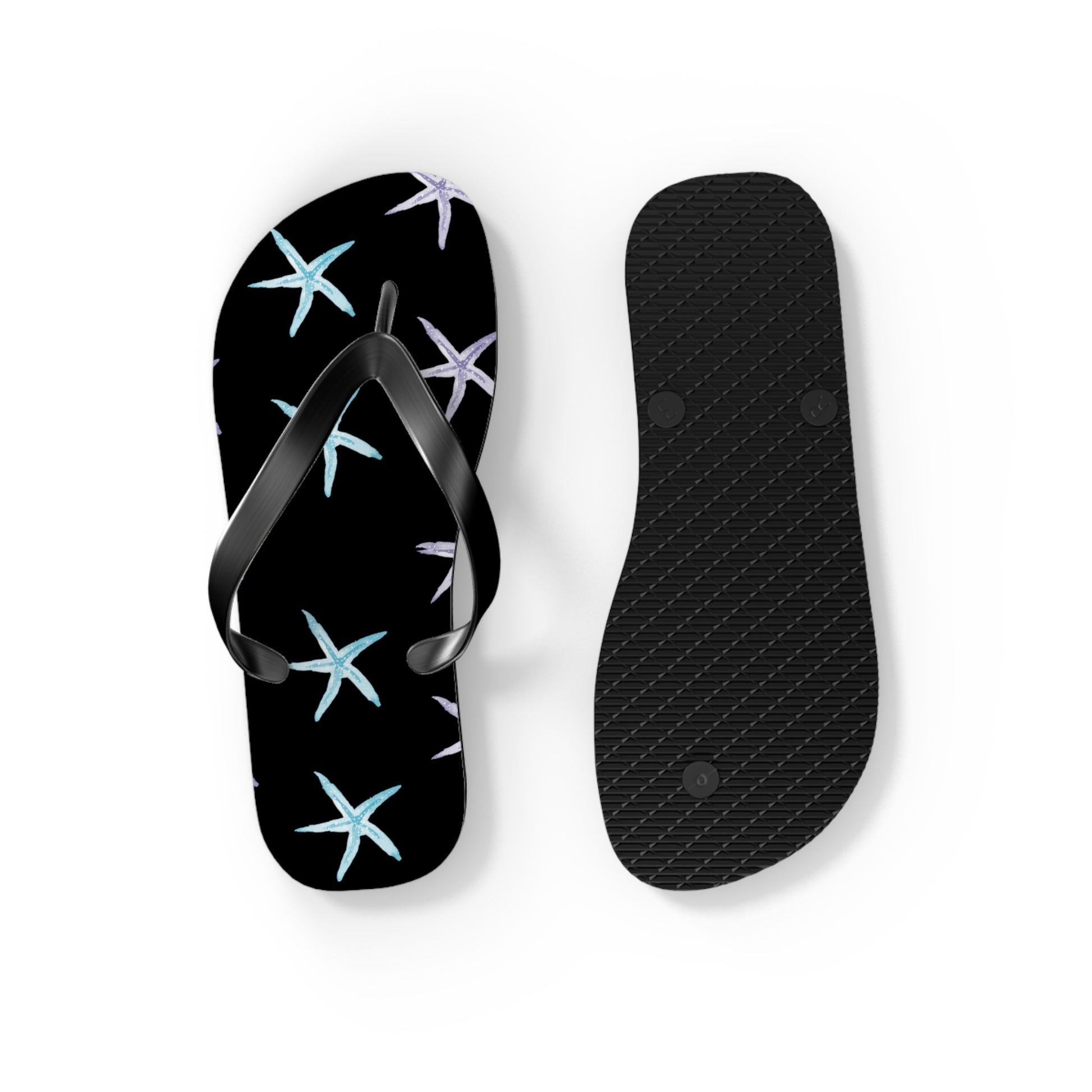 Black flip-flop with starfish pattern and black insole on a white background