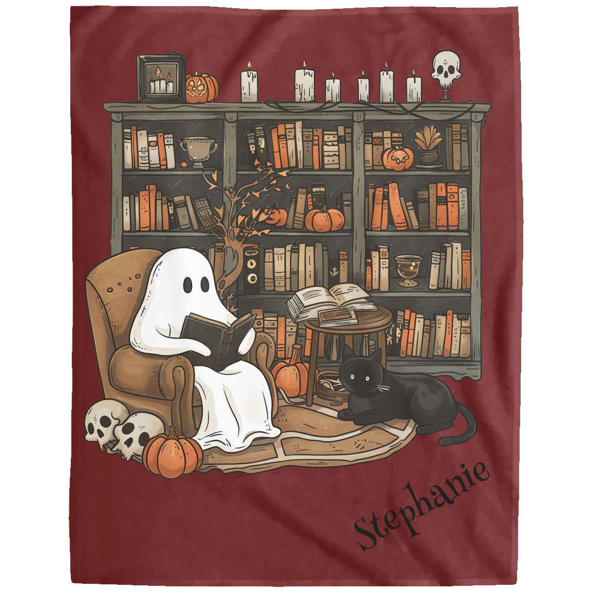 Ghost reading a book with a black cat on a red blanket with 'Stephanie' text