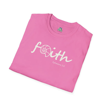 Pink t-shirt with 'Faith' and a shell design on a white background