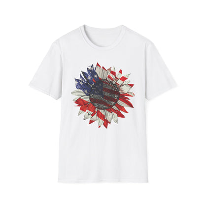 White Patriotic sunflower shirt featuring red, white, and blue petals