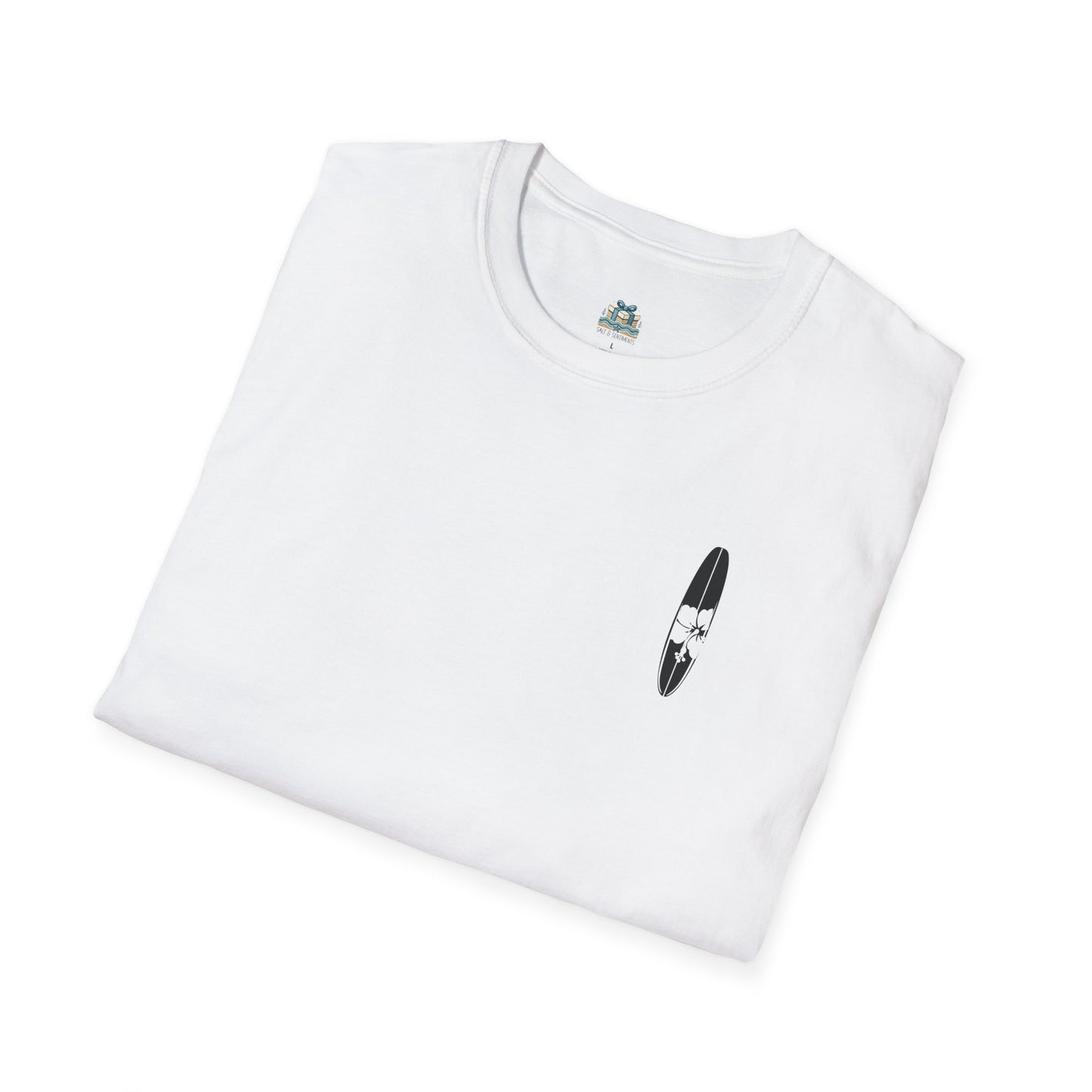White t-shirt with a small black design on a white background