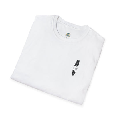 White t-shirt with a small black design on a white background