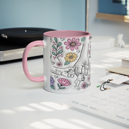 Custom family mug with pastel flowers and names, perfect mom gift