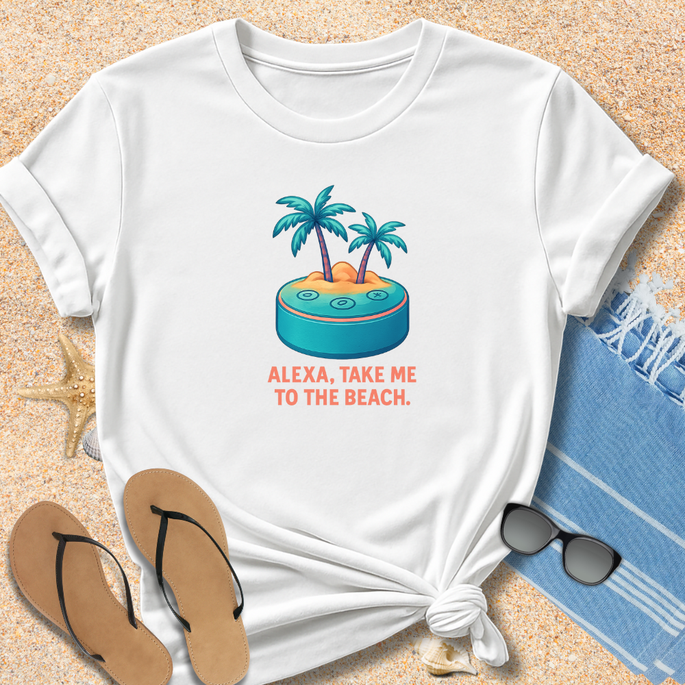 White t-shirt with beach-themed design and text on sand with flip-flops and sunglasses.