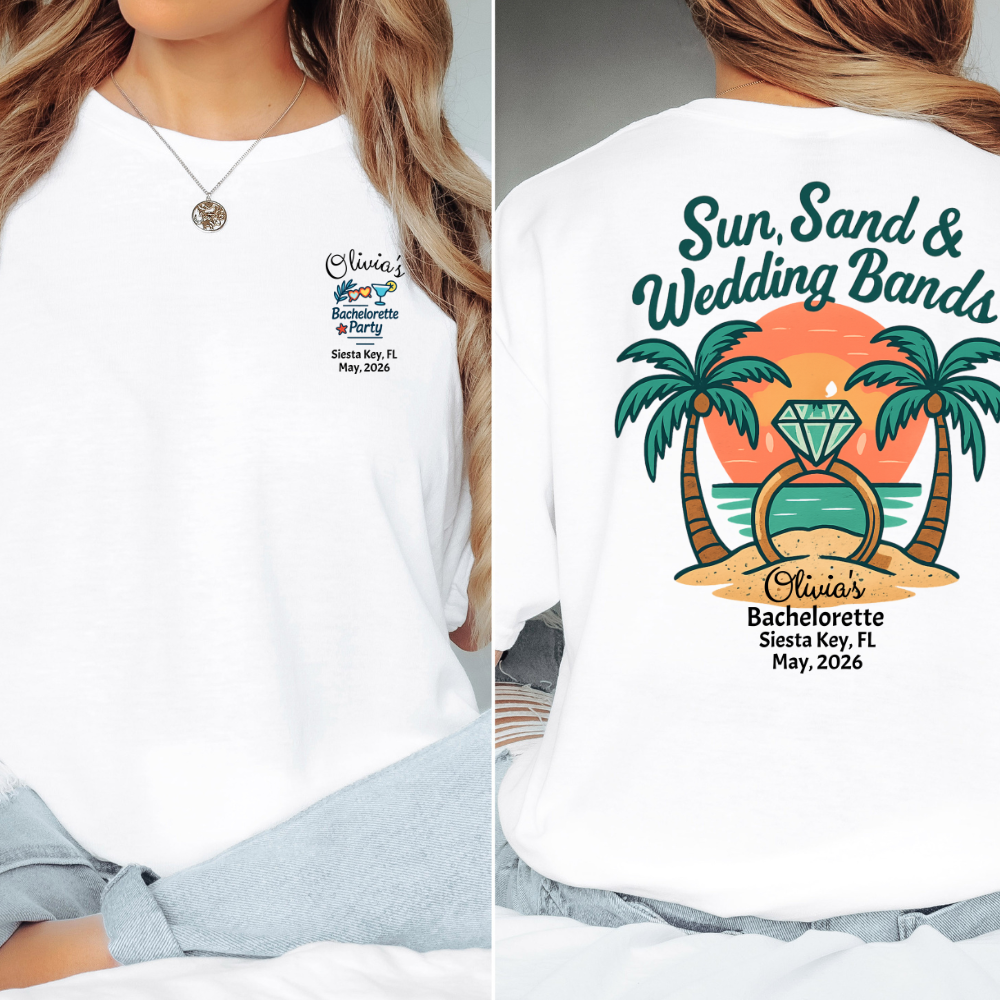 White t-shirt with 'Sun, Sand & Wedding Bands' design on the back, featuring palm trees and a sunset.