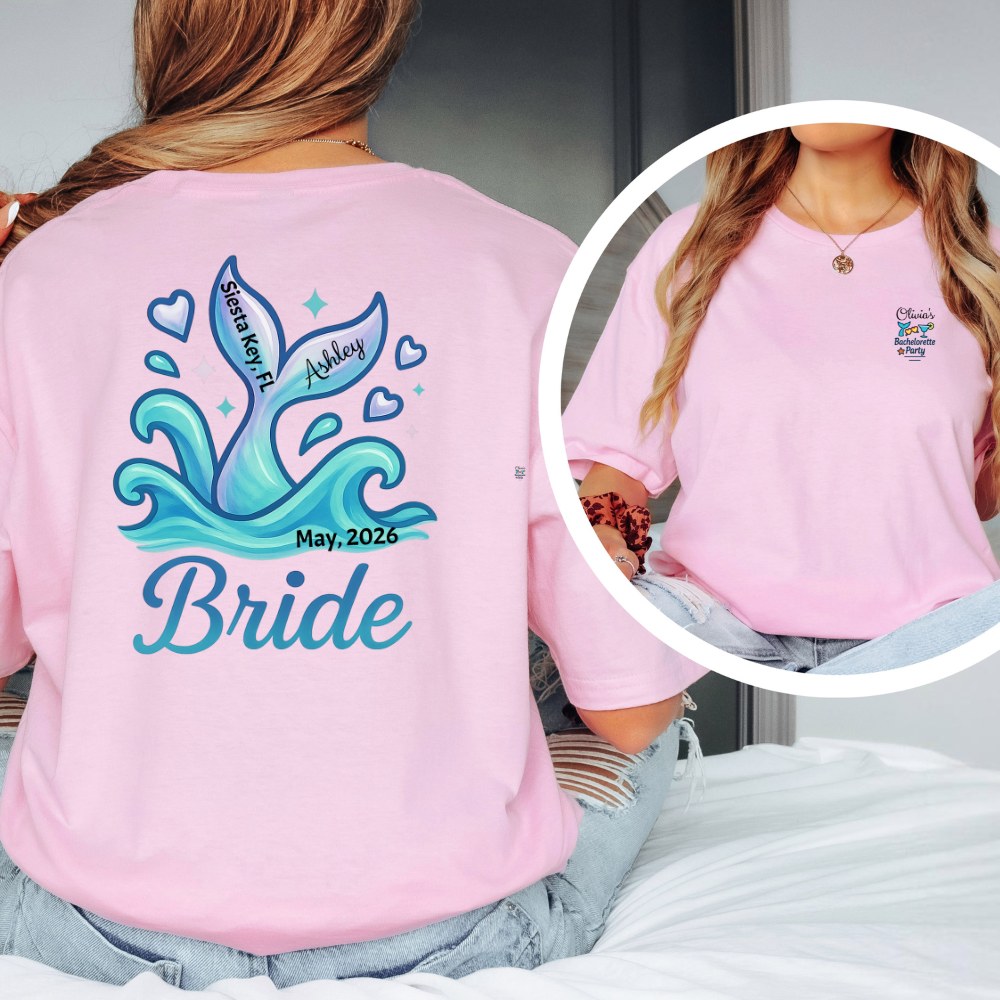 Pink t-shirt with 'Bride' and wave design on the back, worn by a person.