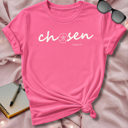 Pink t-shirt with 'chosen' text on a soft pink background