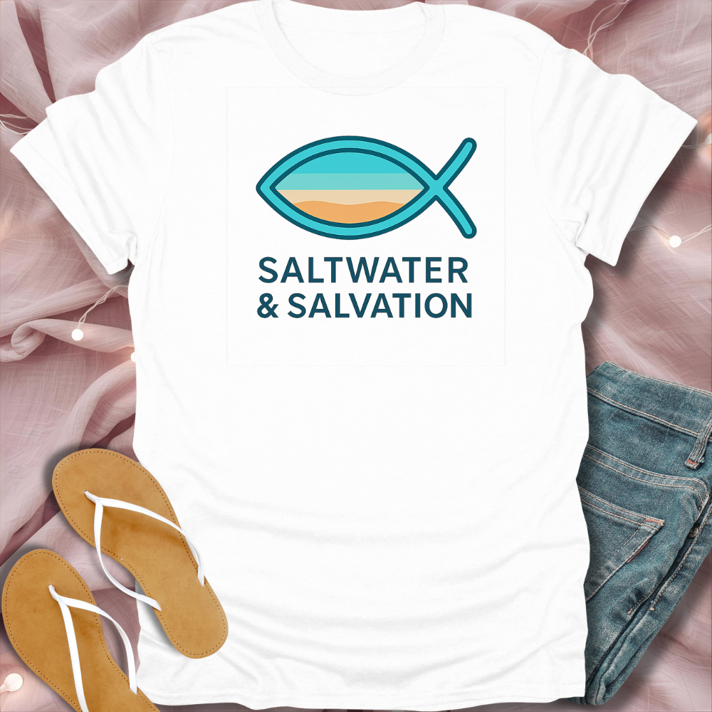 White t-shirt with 'Saltwater & Salvation' design on a pink fabric background
