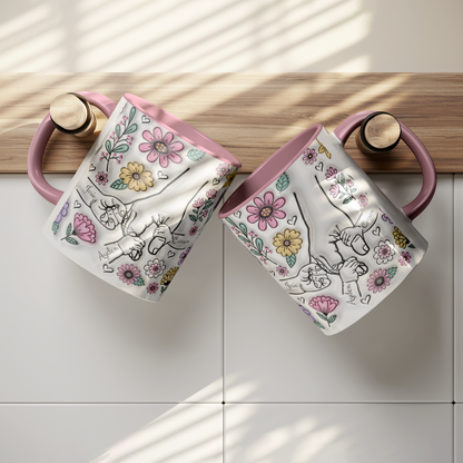 15oz personalized floral mug with hearts, names, and color handle options