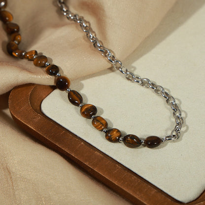 Unisex beaded bracelet featuring retro brown stones and stainless chain