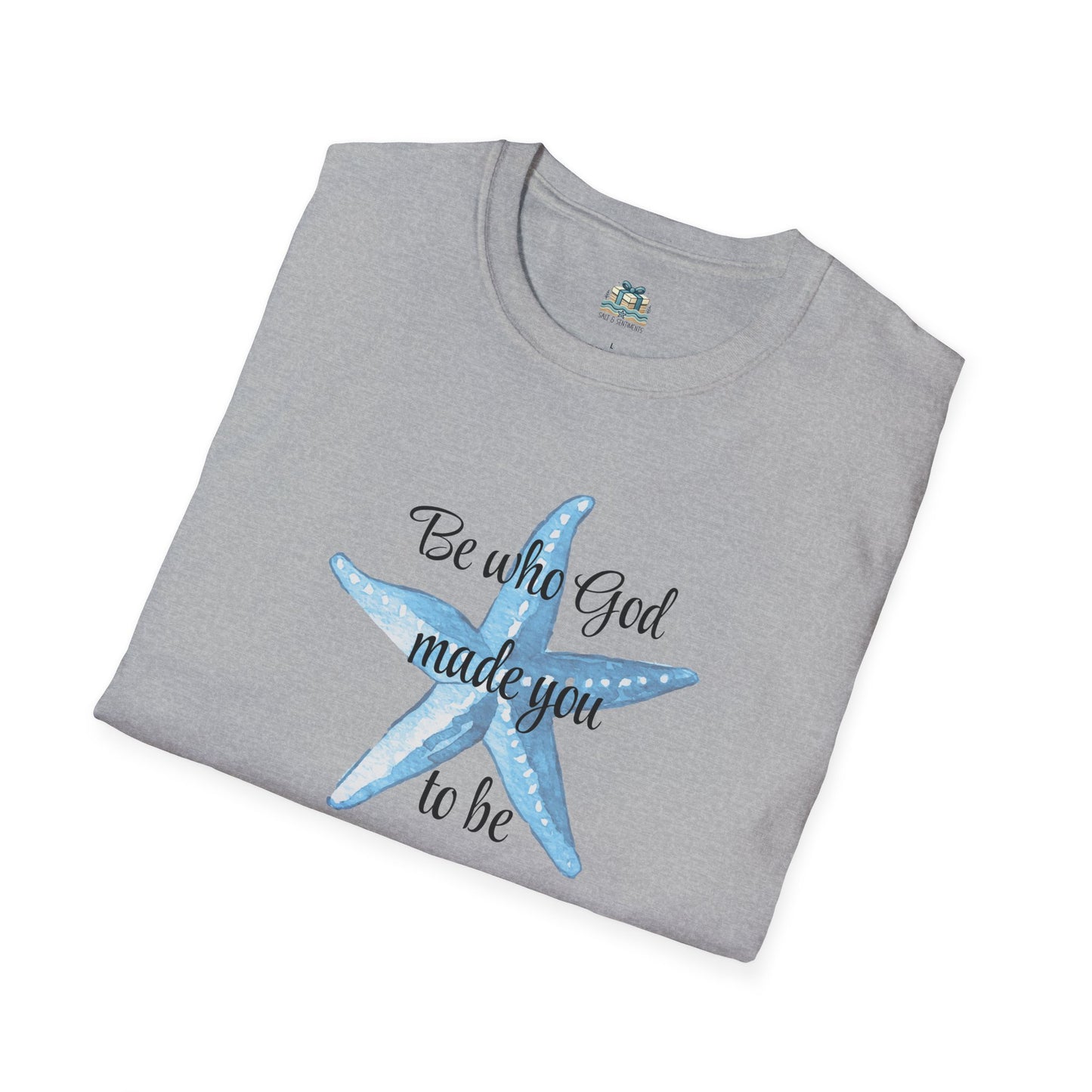 Folded gray t-shirt with a blue starfish and text on a white background