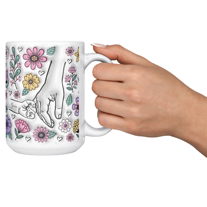 Colorful flower mug with parent and child hands, personalized name gift