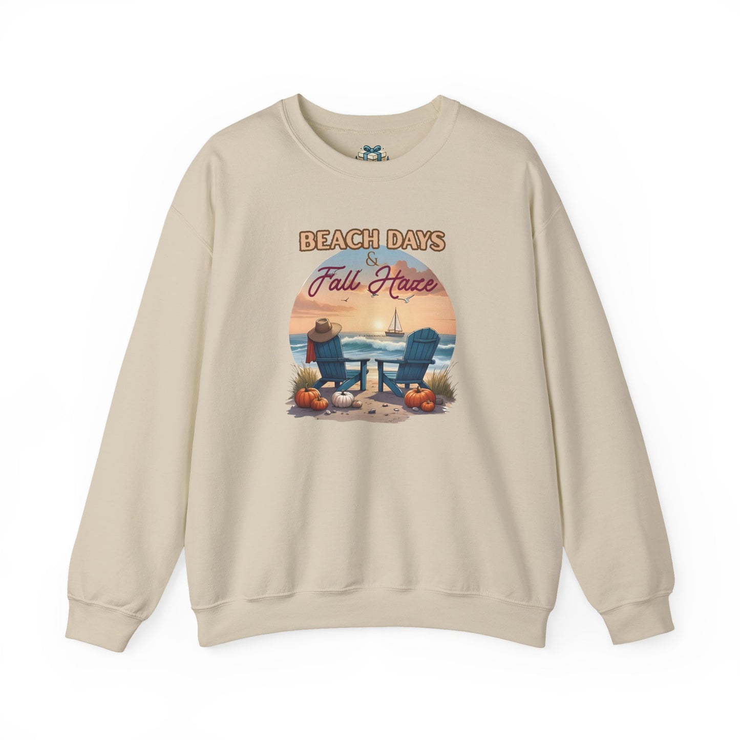 Beige sweatshirt with beach-themed graphic and text on a white background