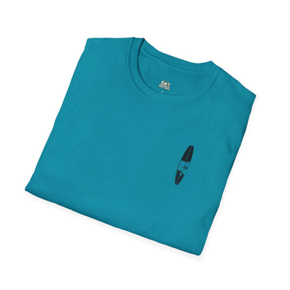 Folded teal t-shirt with a small graphic on a white background