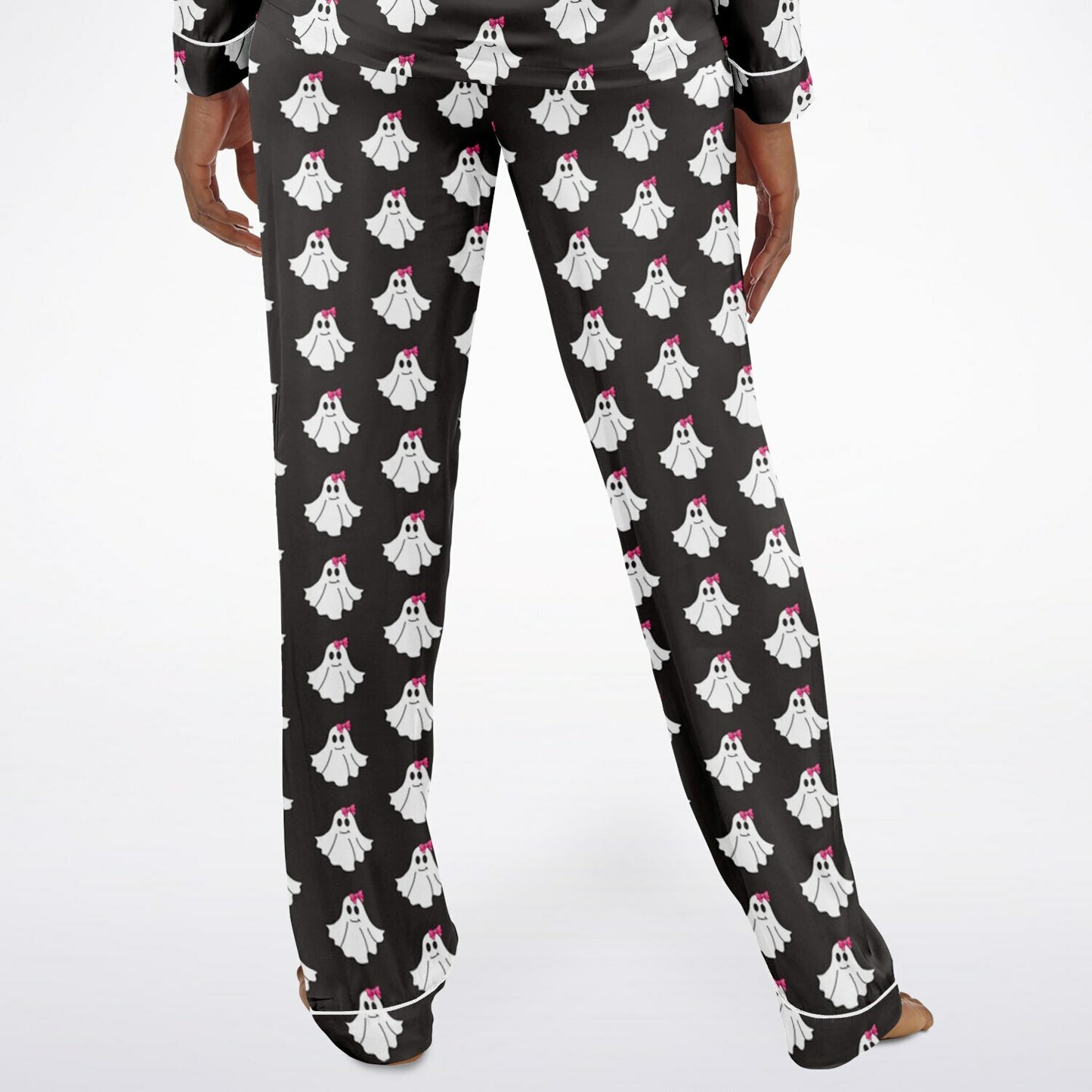 Black pajama pants with ghost pattern on a white background