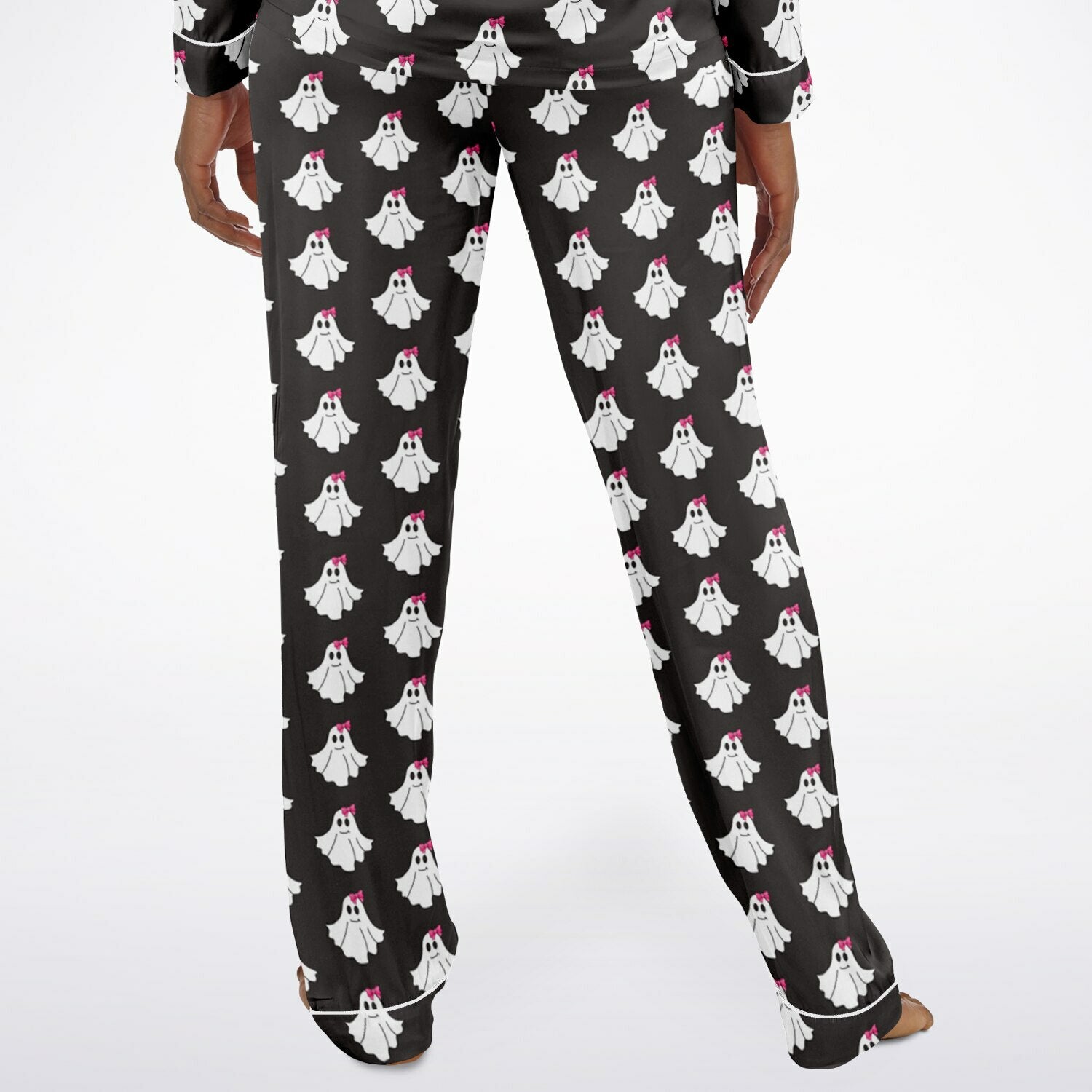 Black pajama pants with ghost pattern on a white background
