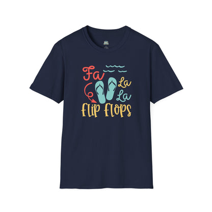 Navy blue t-shirt with colorful 'Fa La La Flip Flops' design on a white background